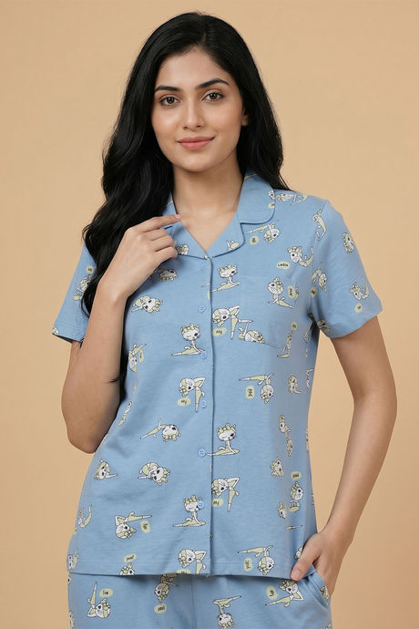 Zivame Farm Lore Knit Cotton Pyjama Set - Glaciar Lake — image 3